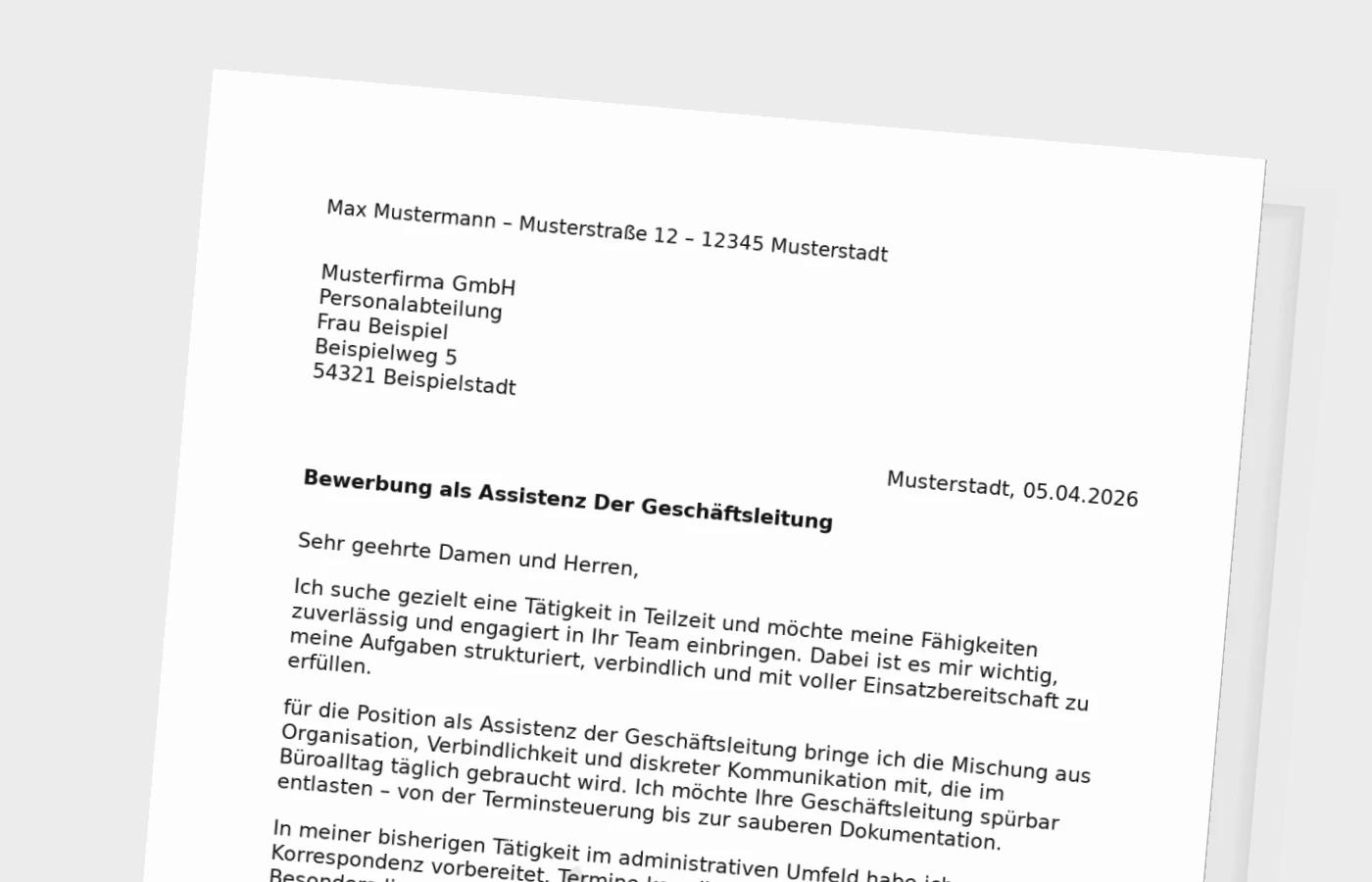 Bewerbungsanschreiben Assistenz der Geschäftsleitung in Teilzeit