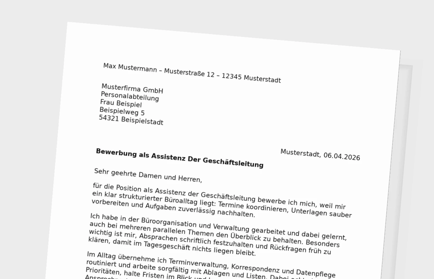 Anschreiben als Assistenz der Geschäftsleitung – Standard