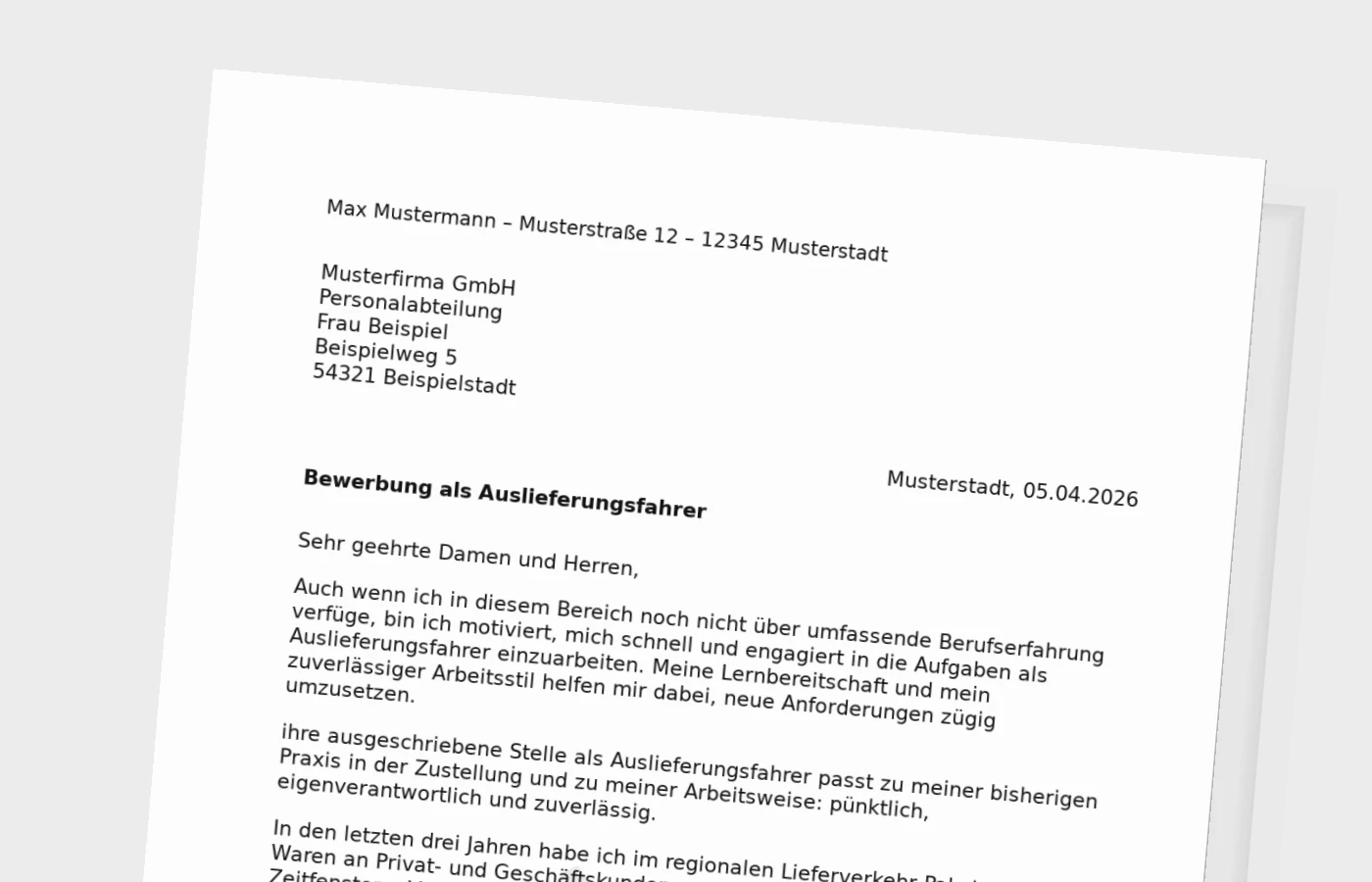 Bewerbungsanschreiben Auslieferungsfahrer ohne Erfahrung