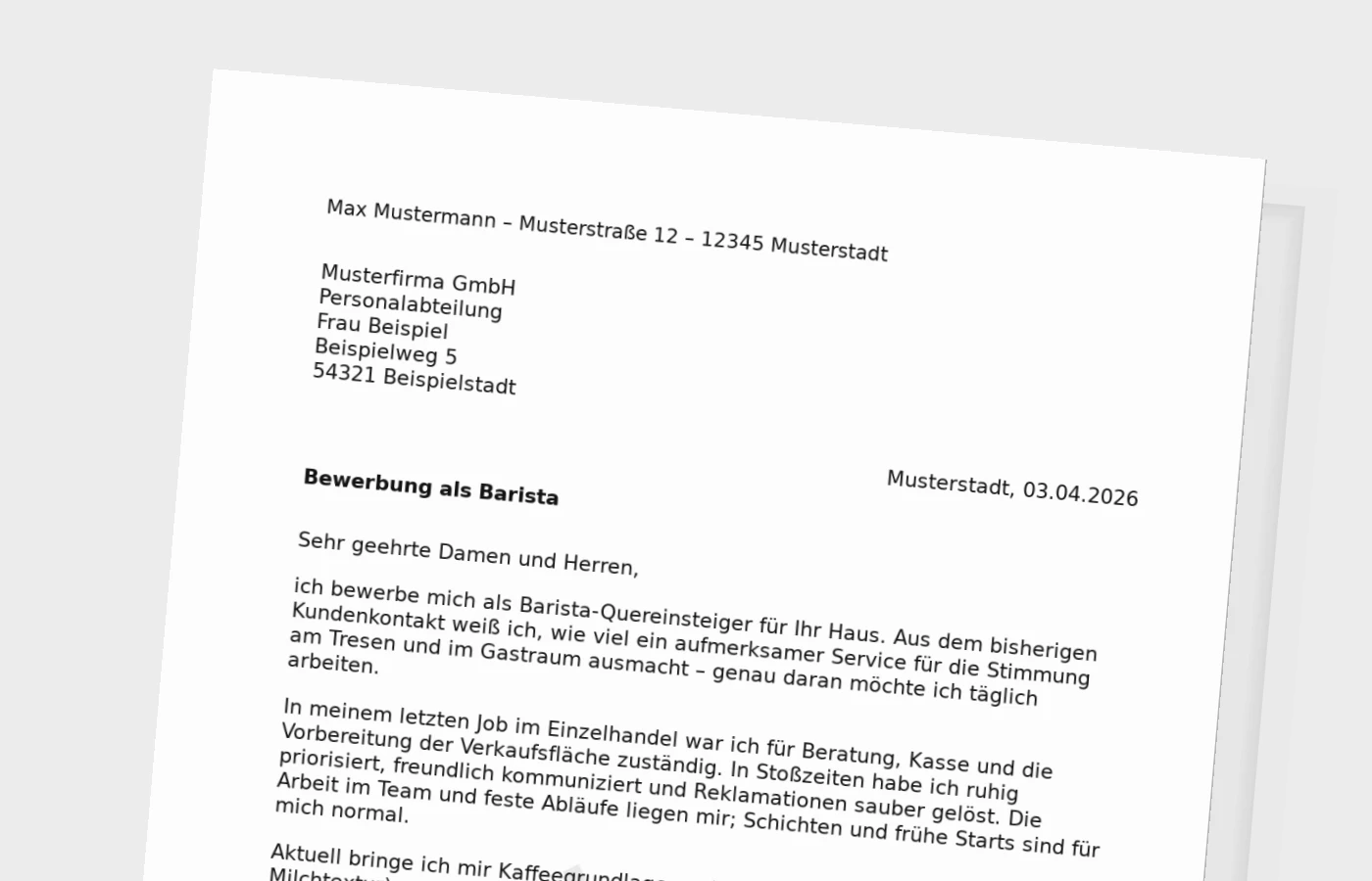 Bewerbungsanschreiben als Barista (Quereinsteiger)
