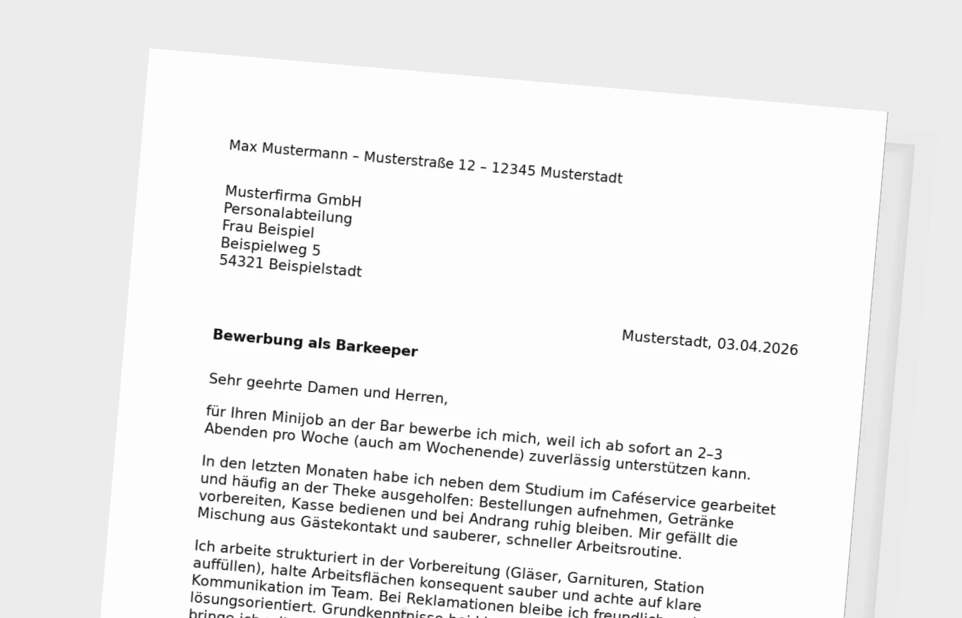 Bewerbungsanschreiben als Barkeeper (Minijob)