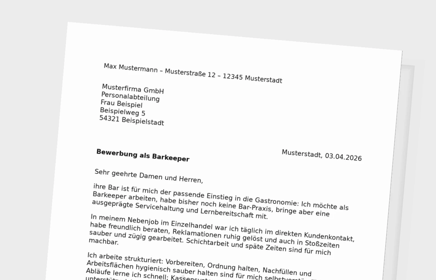 Bewerbungsanschreiben als Barkeeper ohne Erfahrung