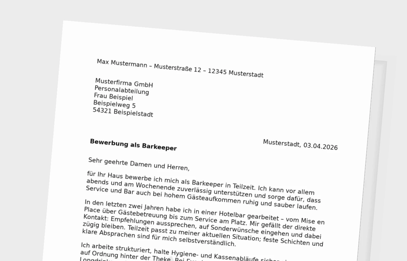 Bewerbungsanschreiben als Barkeeper in Teilzeit