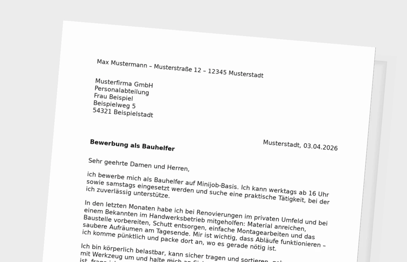 Bewerbungsanschreiben als Bauhelfer (Minijob)