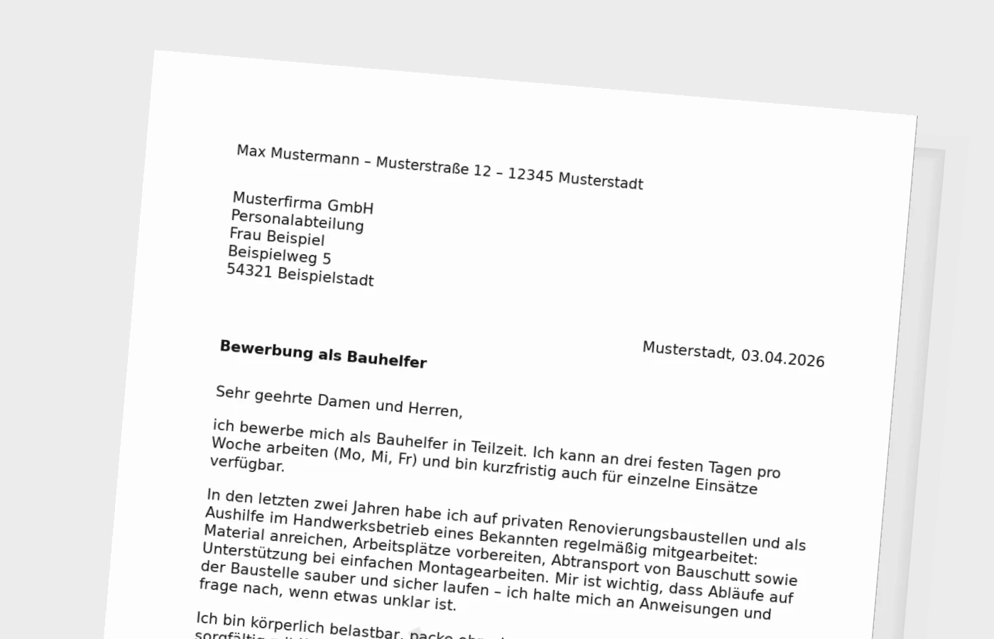 Bewerbungsanschreiben Bauhelfer (Teilzeit): so überzeugst du im Handwerk