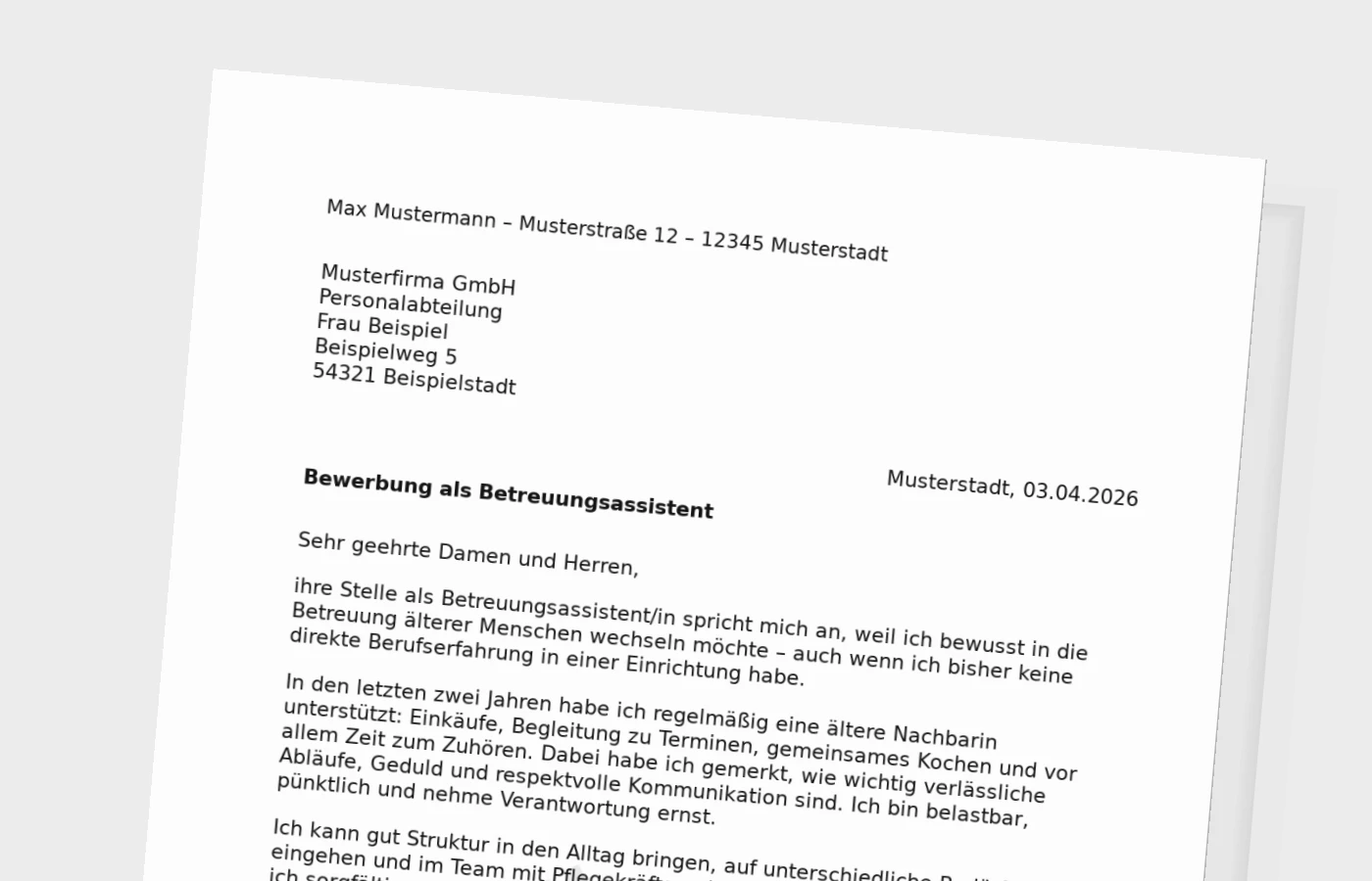 Anschreiben als Betreuungsassistent/in ohne Erfahrung