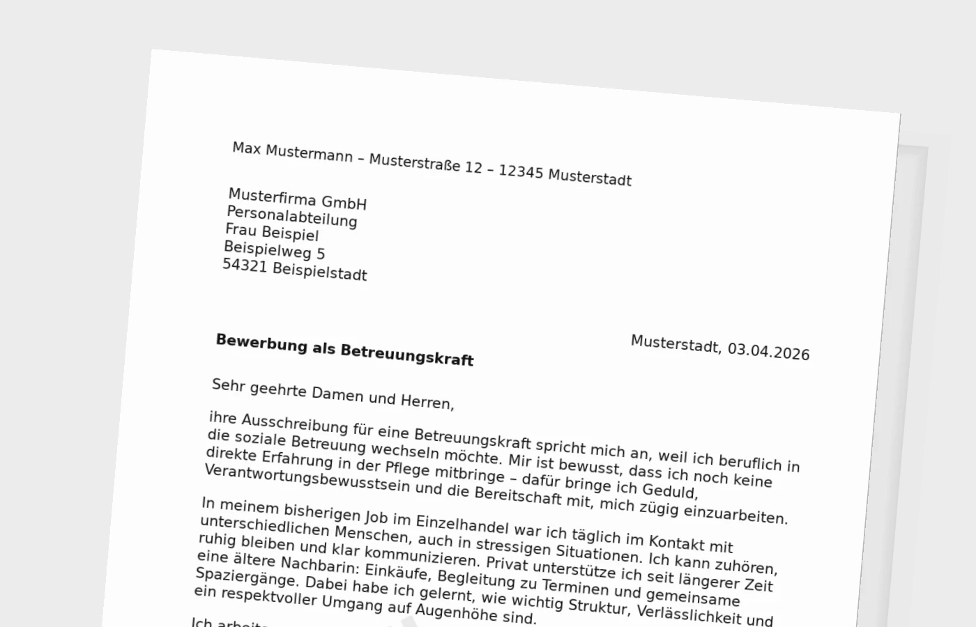 Bewerbungsanschreiben als Betreuungskraft ohne Erfahrung