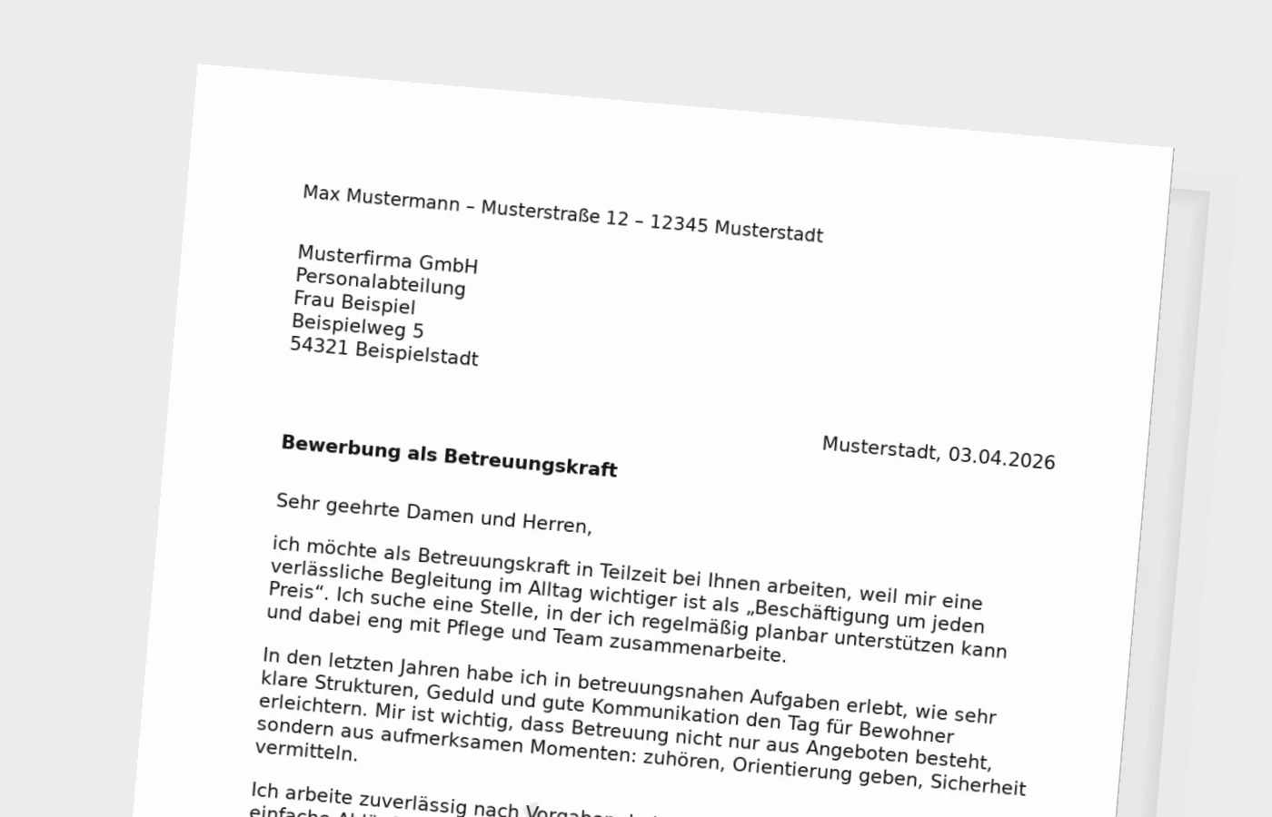 Vorschaubild zu Anschreiben als Betreuungskraft in Teilzeit