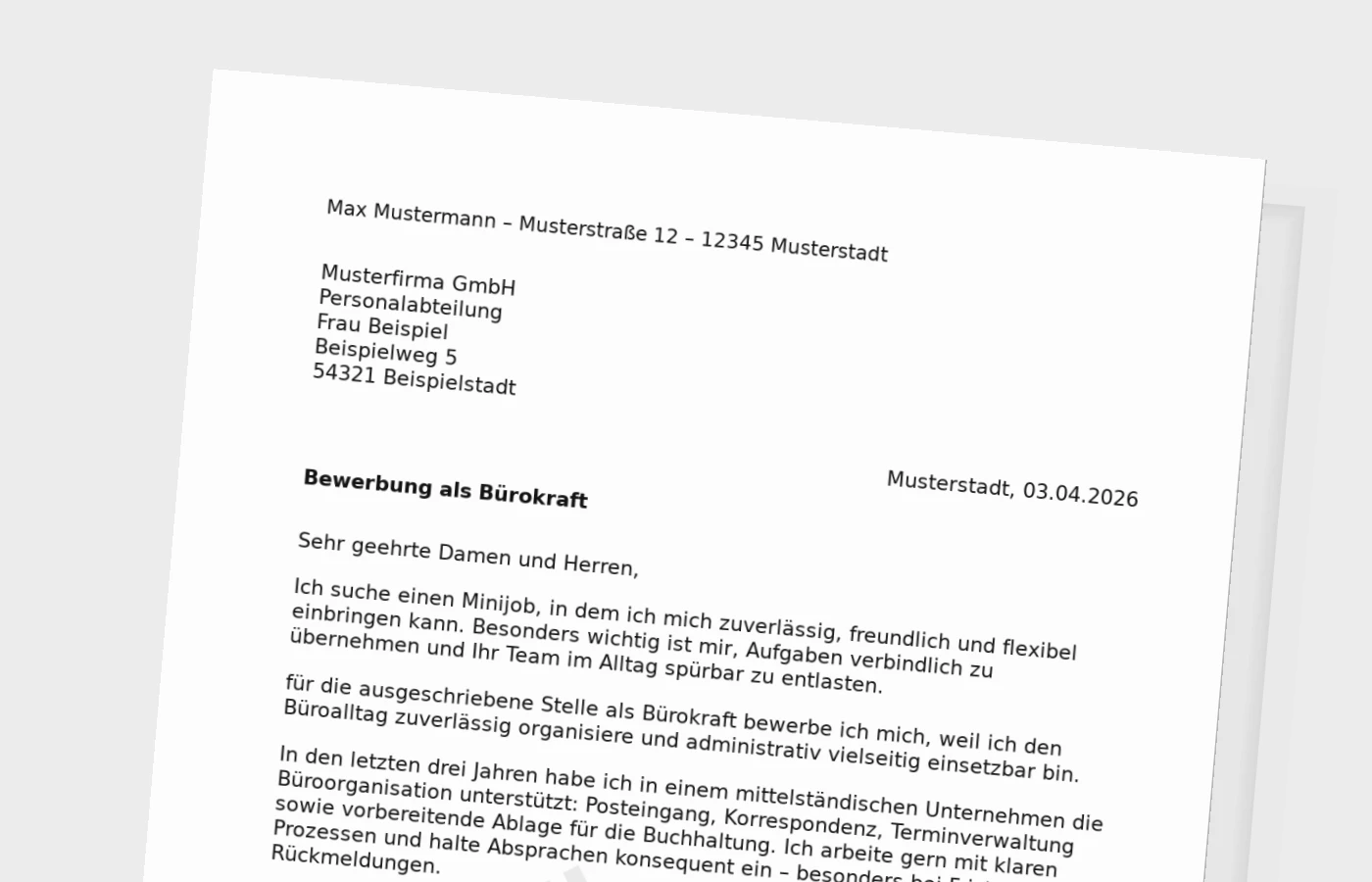 Bewerbungsanschreiben Bürokraft für Minijob