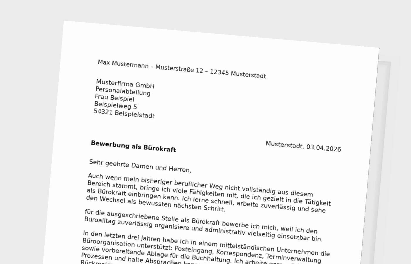 Bewerbungsanschreiben Bürokraft für Quereinsteiger