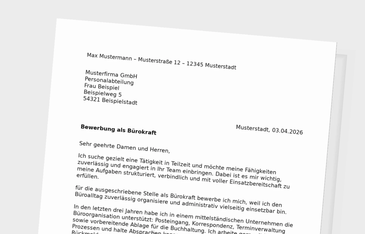 Bewerbungsanschreiben Bürokraft in Teilzeit