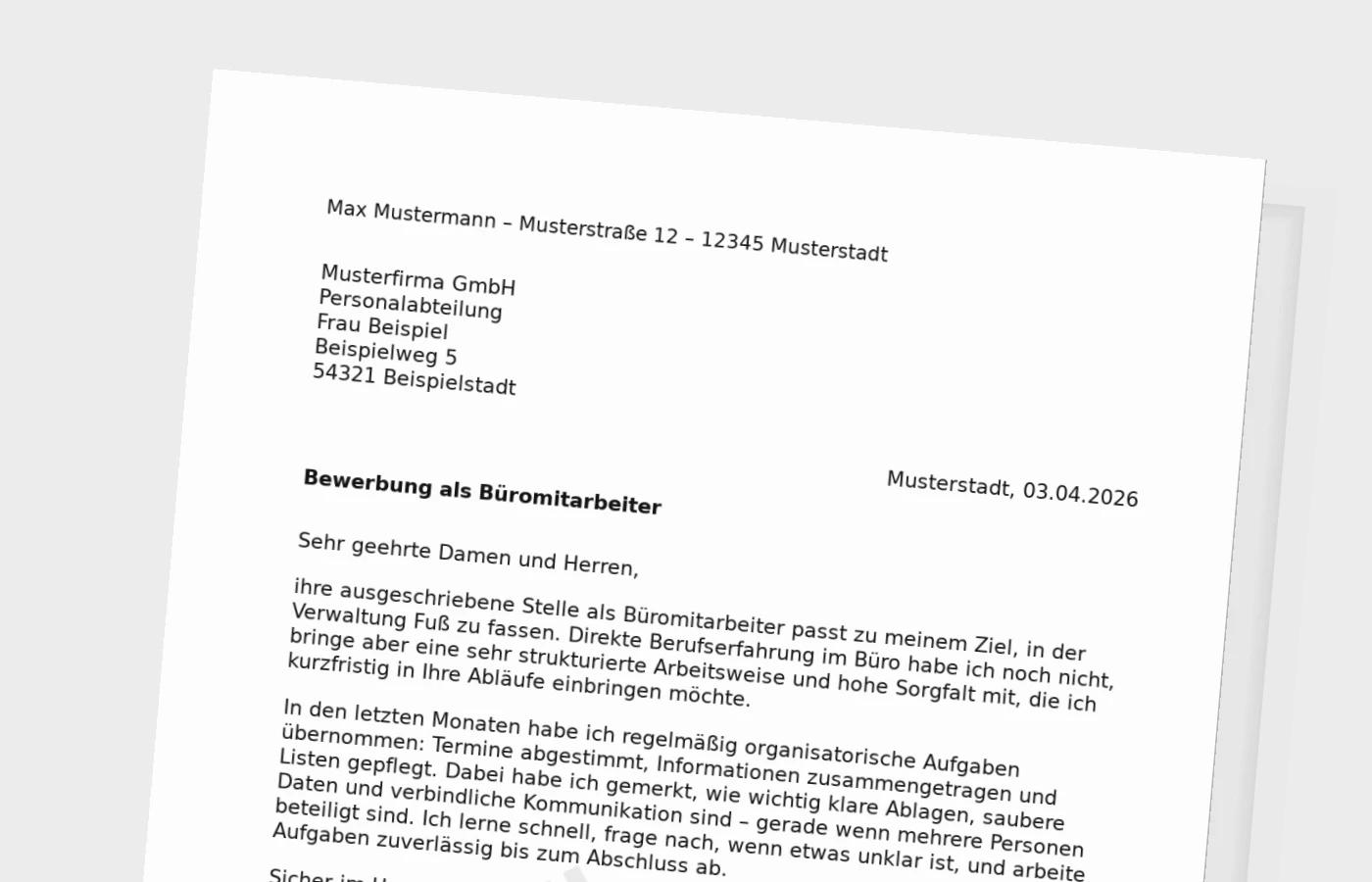 Vorschaubild zu Anschreiben als Büromitarbeiter ohne Erfahrung