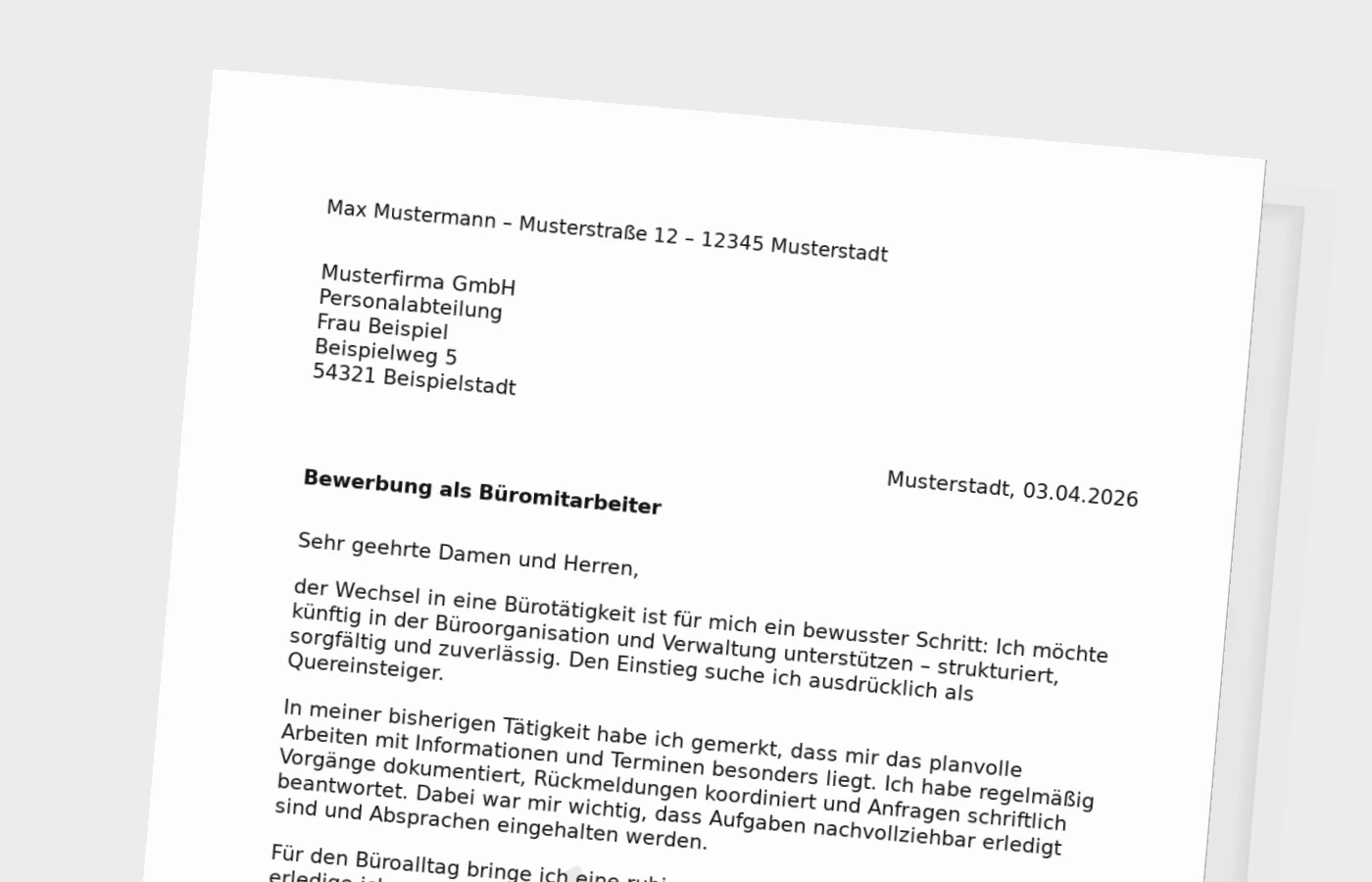 Vorschaubild zu Anschreiben als Büromitarbeiter (Quereinsteiger): überzeugend und realistisch