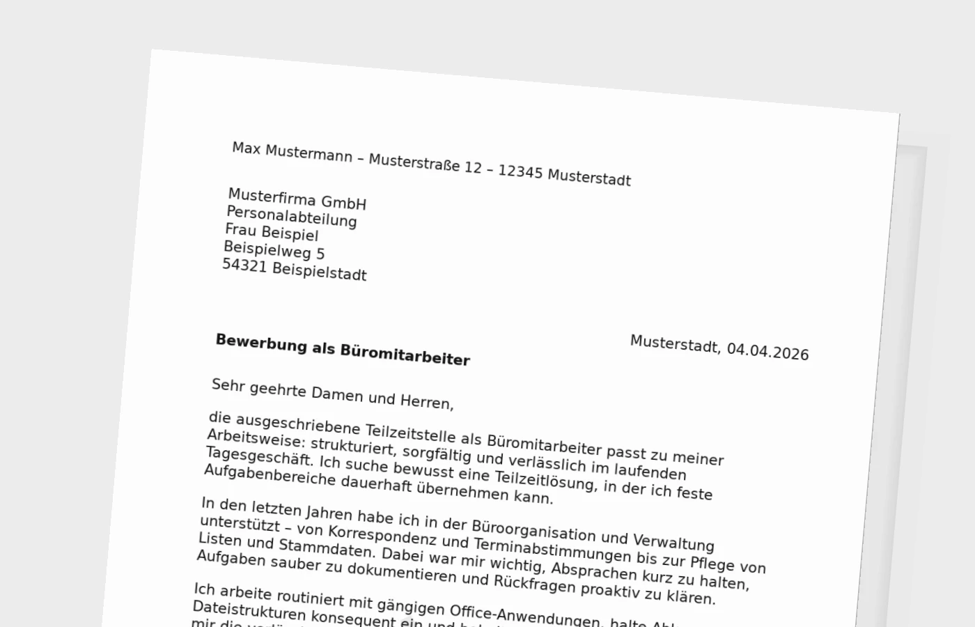 Anschreiben als Büromitarbeiter in Teilzeit