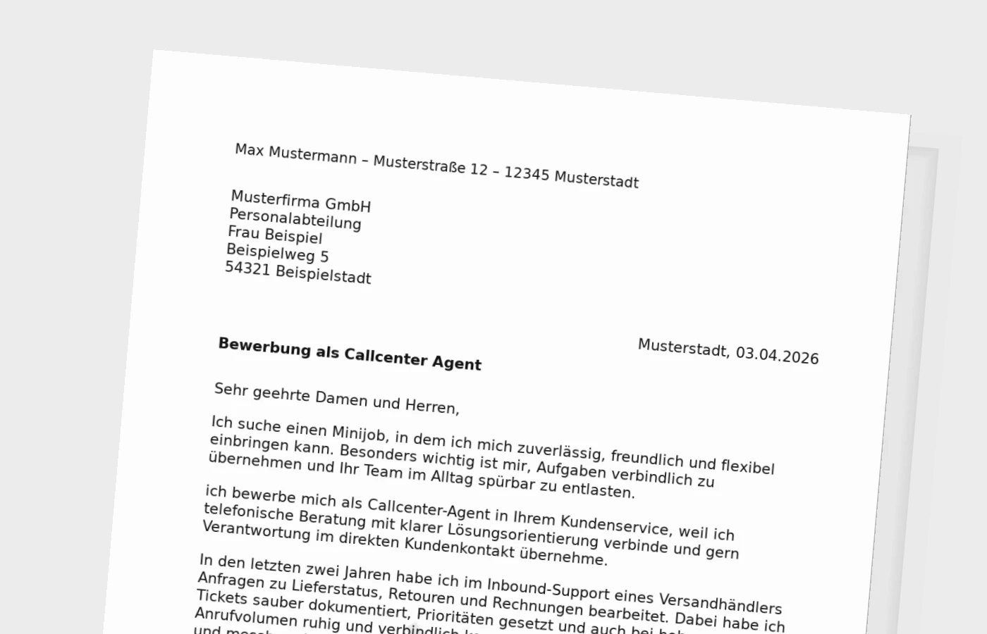 Bewerbungsanschreiben Callcenter-Agent für Minijob