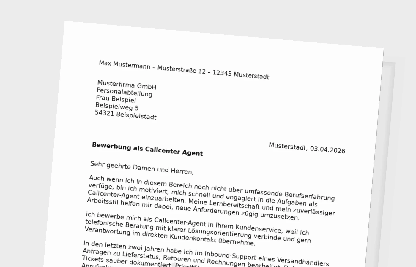 Bewerbungsanschreiben Callcenter-Agent ohne Erfahrung