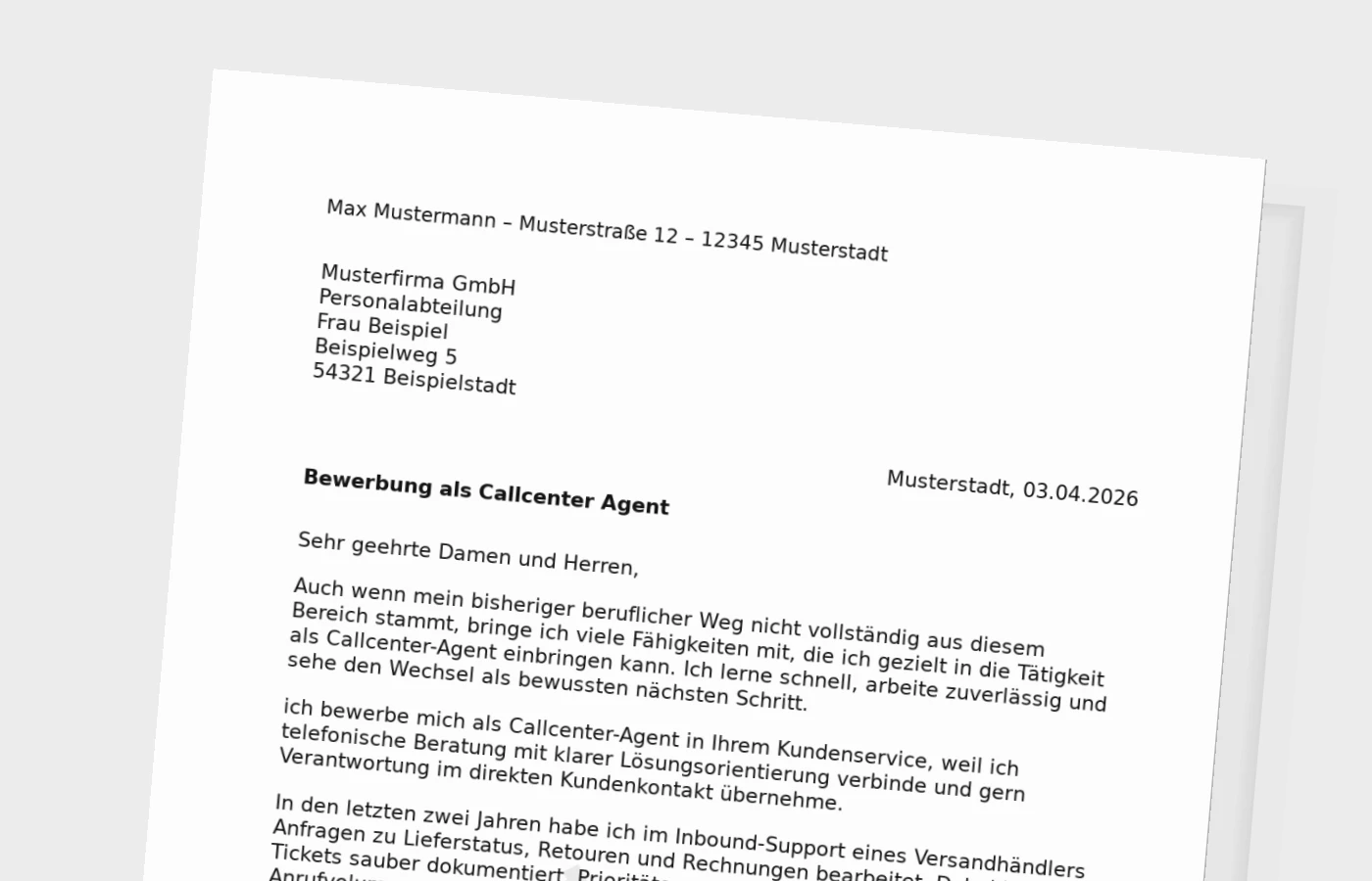 Bewerbungsanschreiben Callcenter-Agent für Quereinsteiger