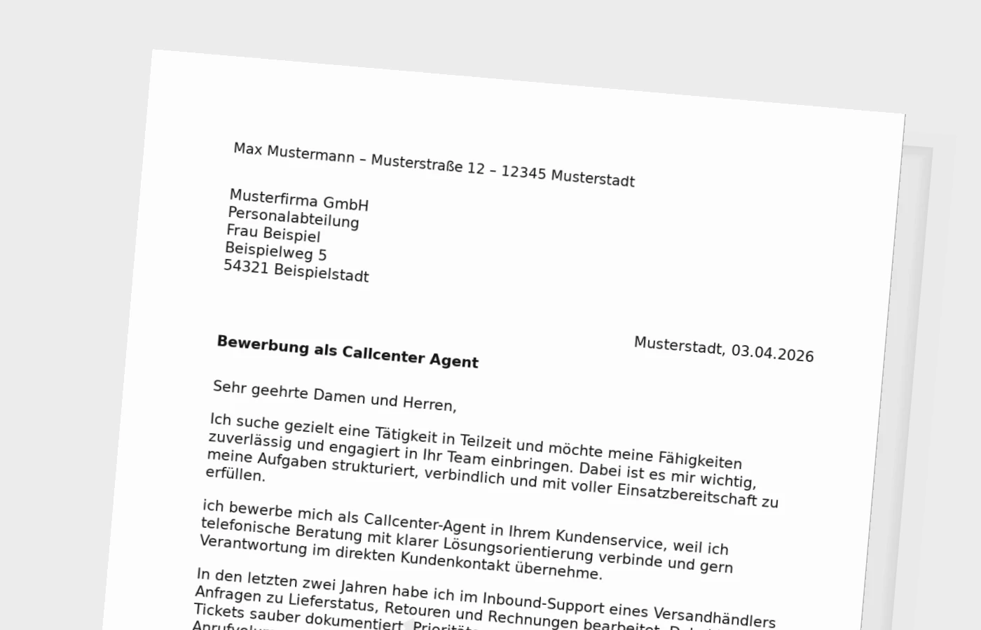 Bewerbungsanschreiben Callcenter-Agent in Teilzeit