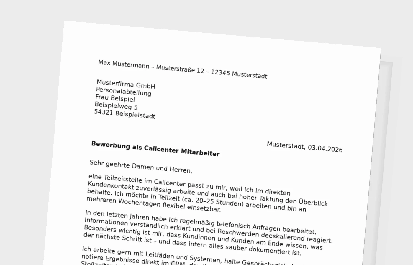 Anschreiben als Callcenter-Mitarbeiter (Teilzeit)