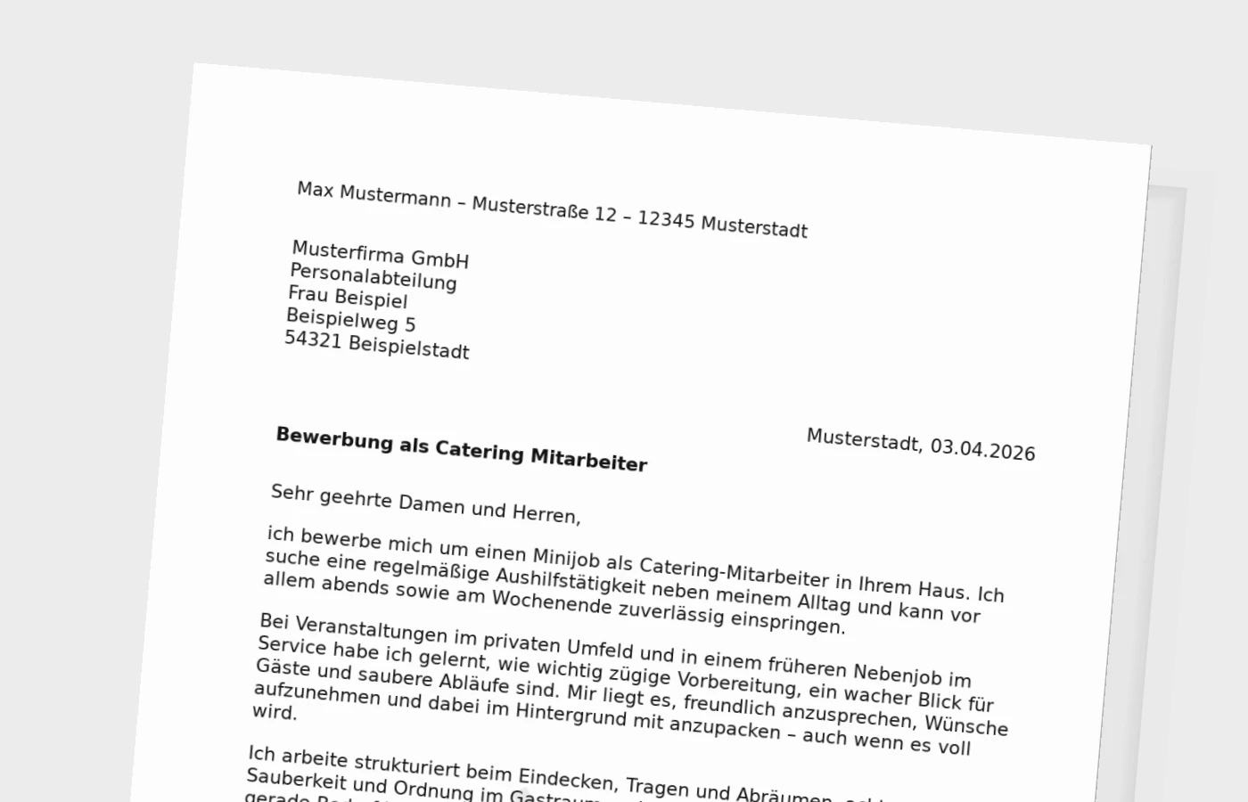 Bewerbungsanschreiben als Catering-Mitarbeiter (Minijob)
