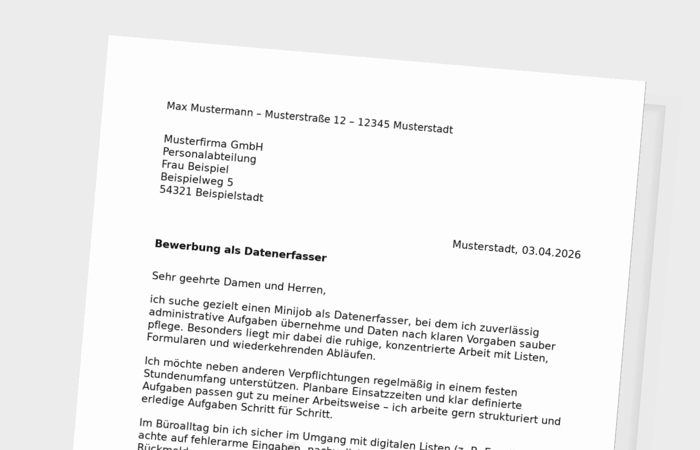 Vorschaubild zu Anschreiben als Datenerfasser (Minijob)