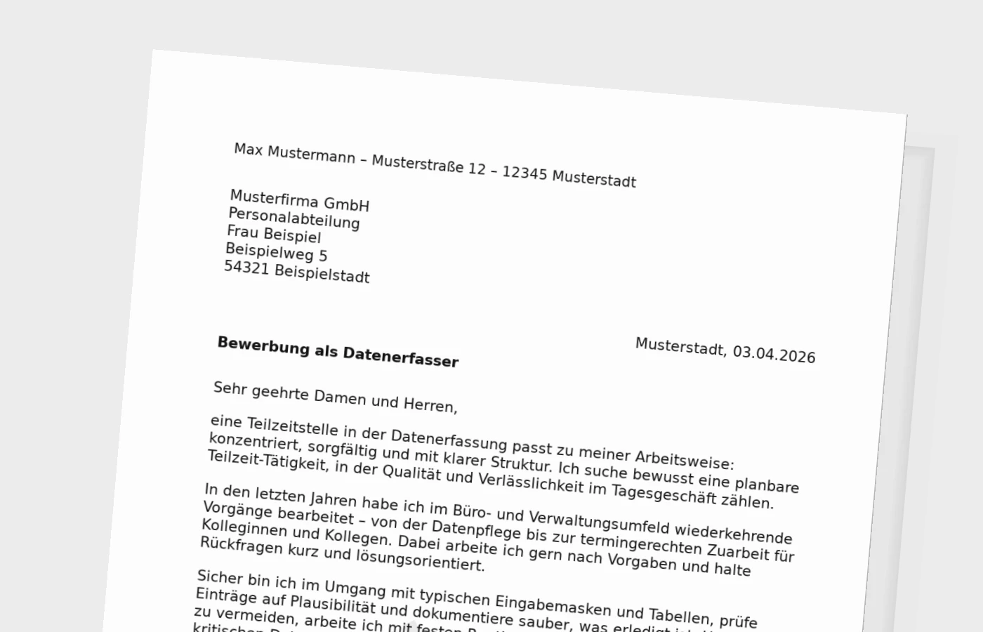 Vorschaubild zu Anschreiben als Datenerfasser in Teilzeit