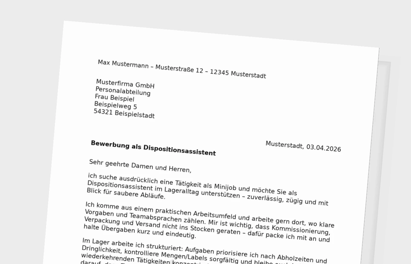 Anschreiben als Dispositionsassistent im Minijob