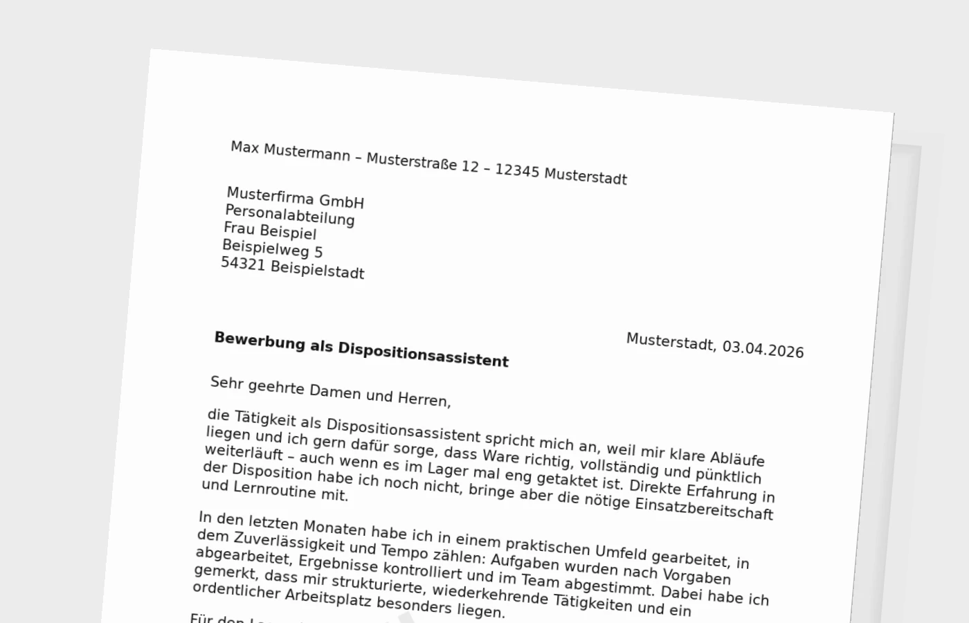 Anschreiben als Dispositionsassistent ohne Erfahrung