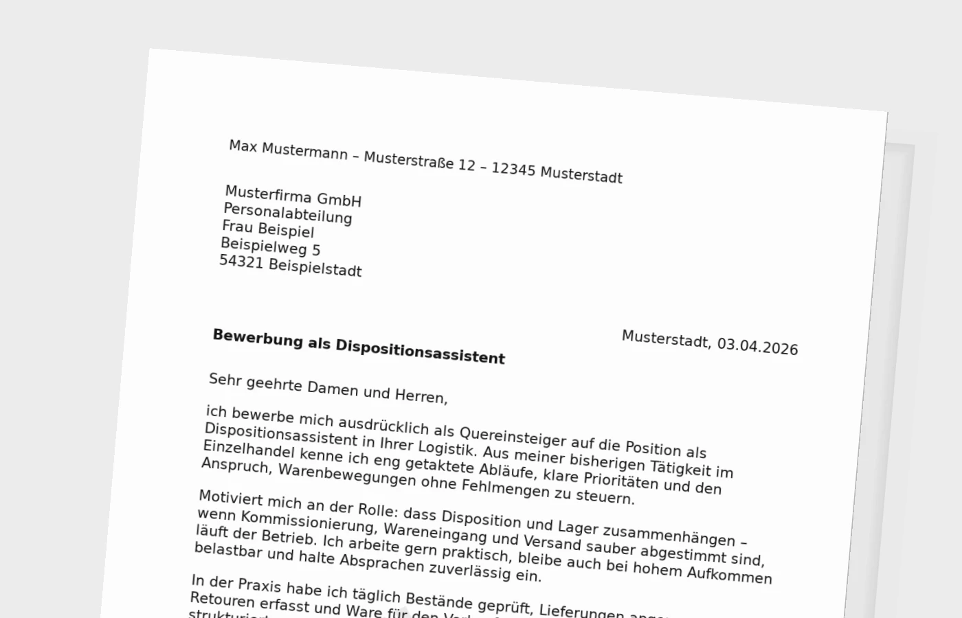 Bewerbungsanschreiben als Dispositionsassistent (Quereinsteiger)