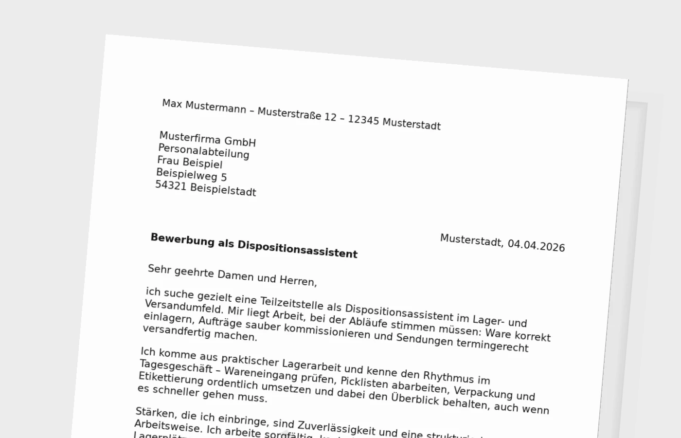 Anschreiben als Dispositionsassistent (Teilzeit)