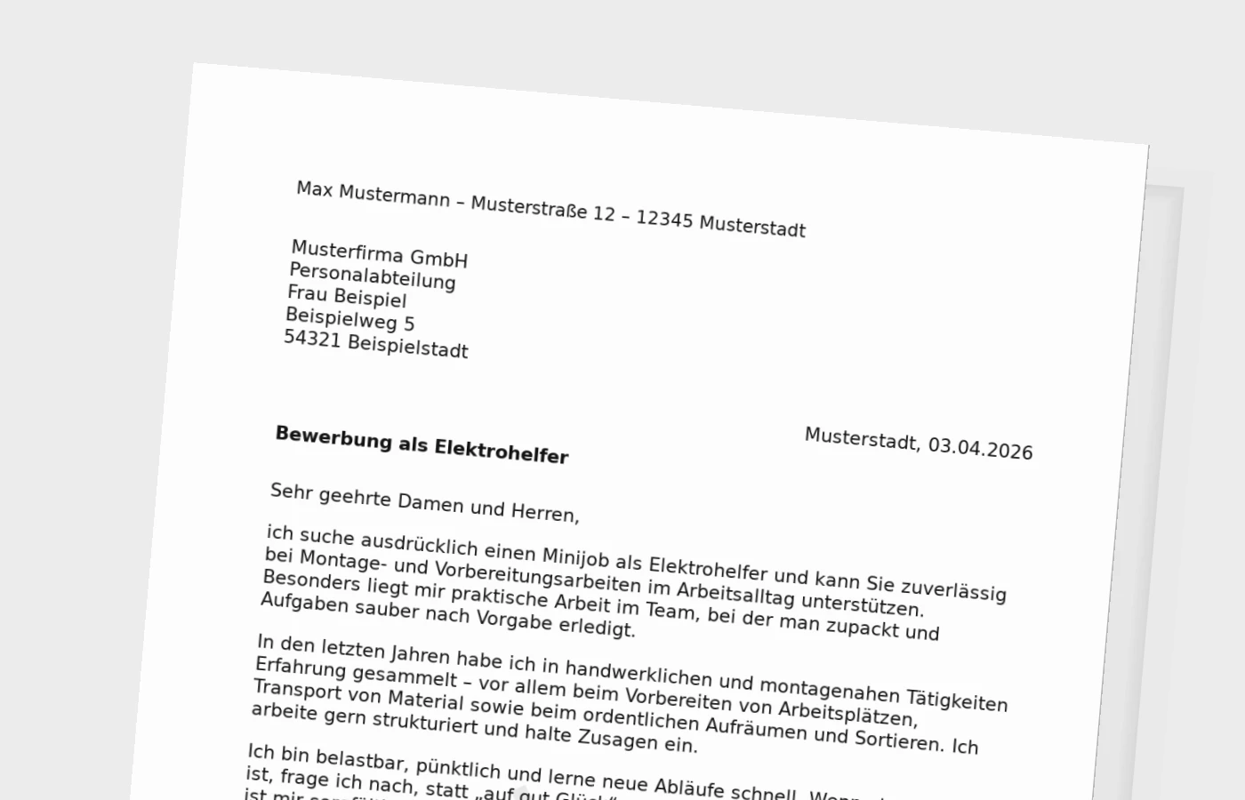 Anschreiben als Elektrohelfer (Minijob)