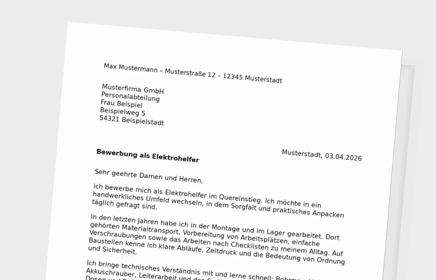 Anschreiben als Elektrohelfer – Quereinsteiger