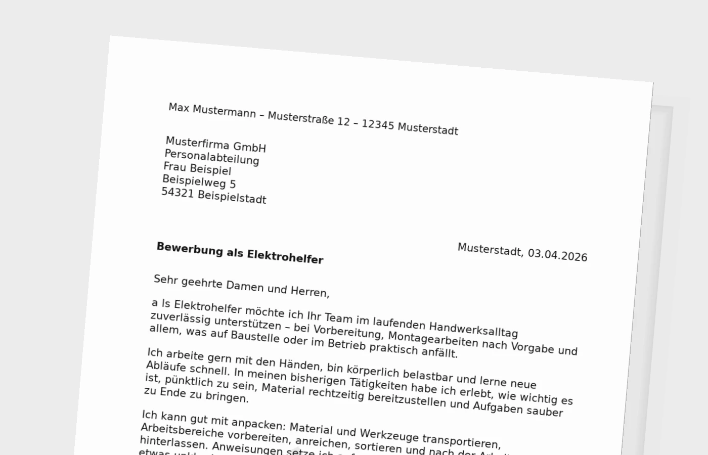 Anschreiben als Elektrohelfer (Standard): so überzeugst du im Handwerksalltag