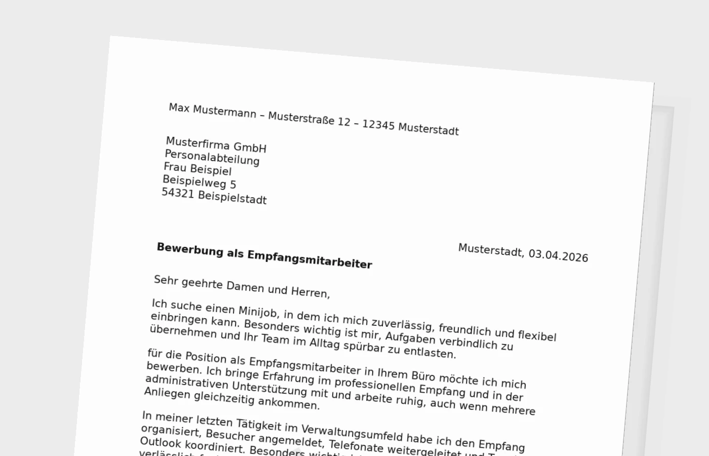 Bewerbungsanschreiben Empfangsmitarbeiter für Minijob