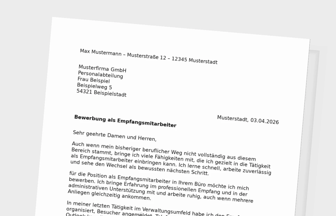 Bewerbungsanschreiben Empfangsmitarbeiter für Quereinsteiger