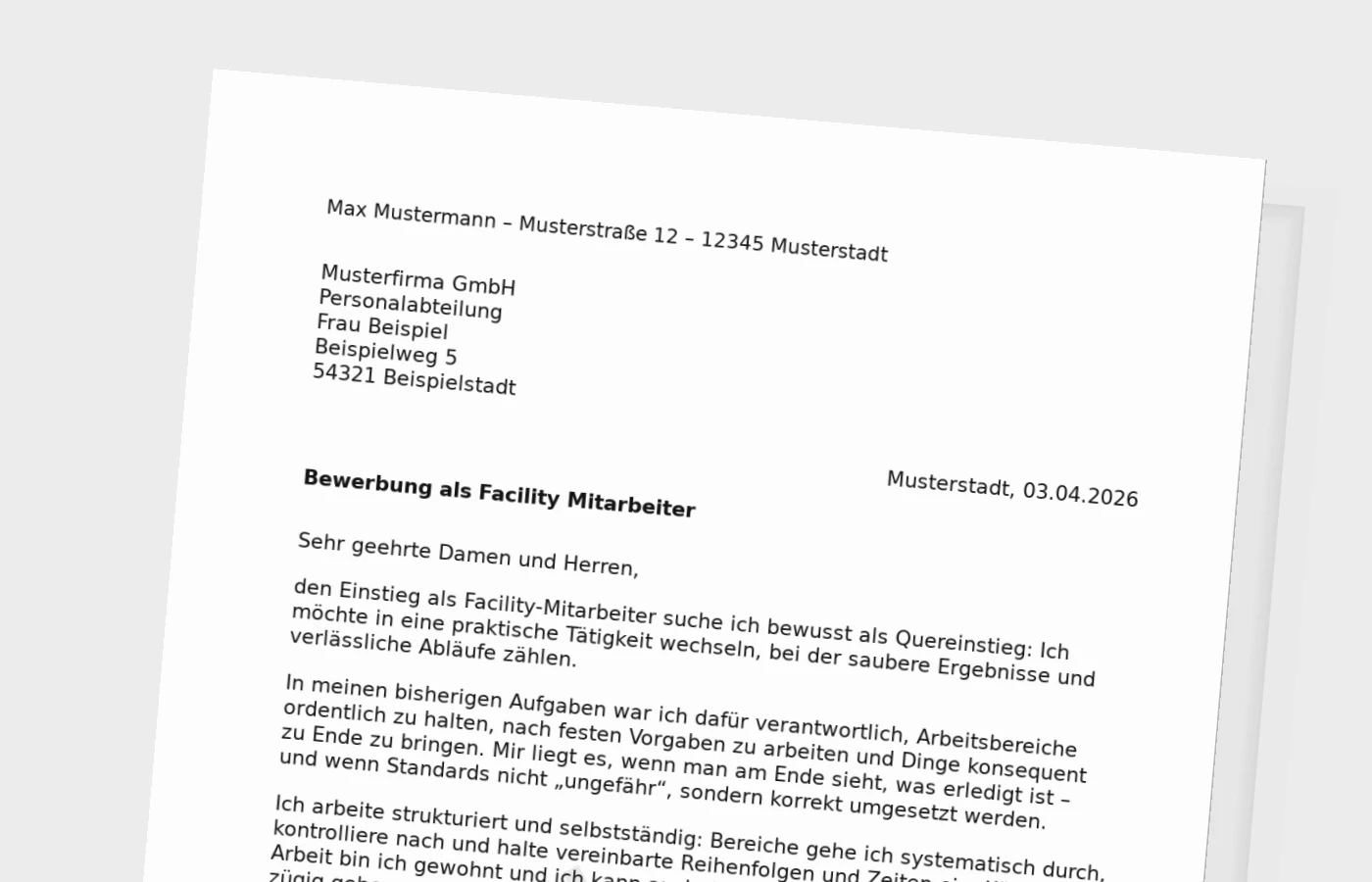Anschreiben als Facility-Mitarbeiter (Quereinstieg)