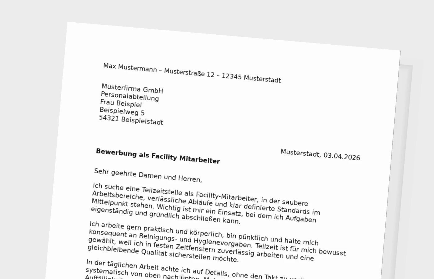 Anschreiben als Facility-Mitarbeiter in Teilzeit