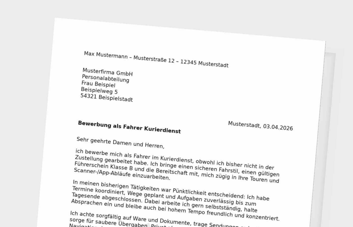 Bewerbungsanschreiben als Fahrer im Kurierdienst (ohne Erfahrung)