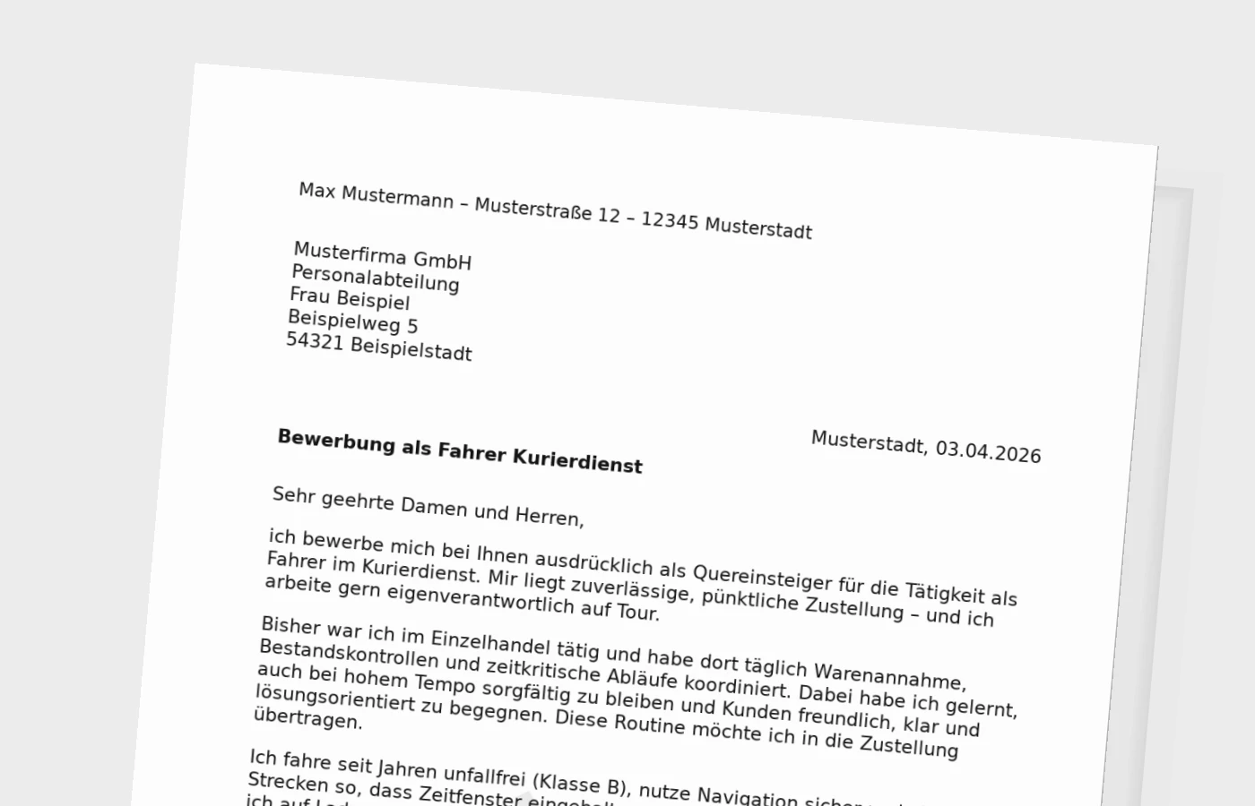 Bewerbungsanschreiben als Fahrer im Kurierdienst (Quereinsteiger)