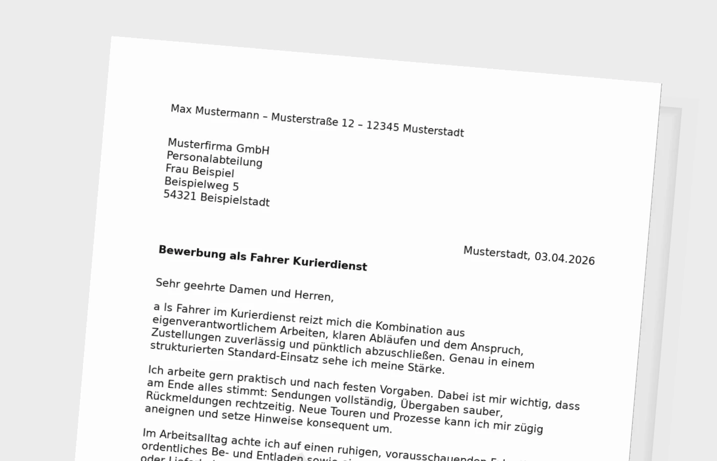 Anschreiben als Fahrer im Kurierdienst