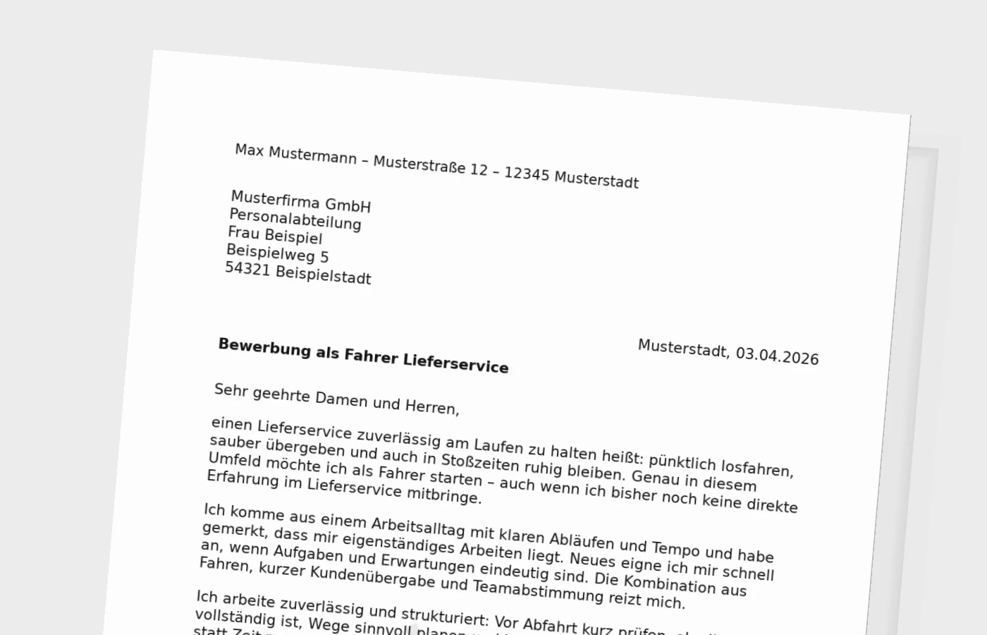 Anschreiben als Fahrer im Lieferservice – ohne Erfahrung überzeugend