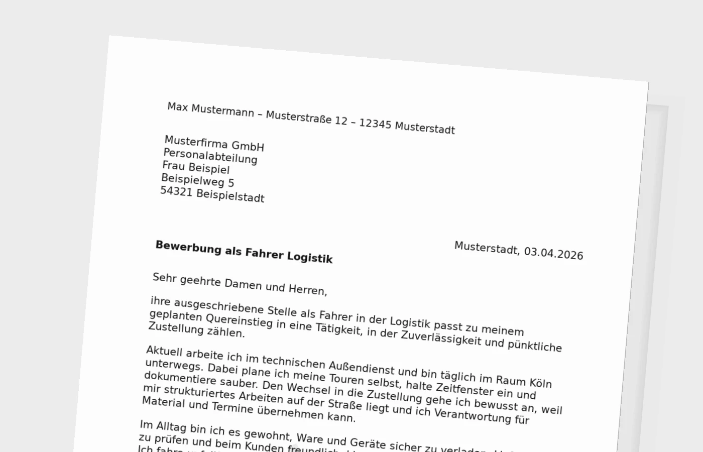 Vorschaubild zu Bewerbungsanschreiben als Fahrer in der Logistik – Quereinstieg