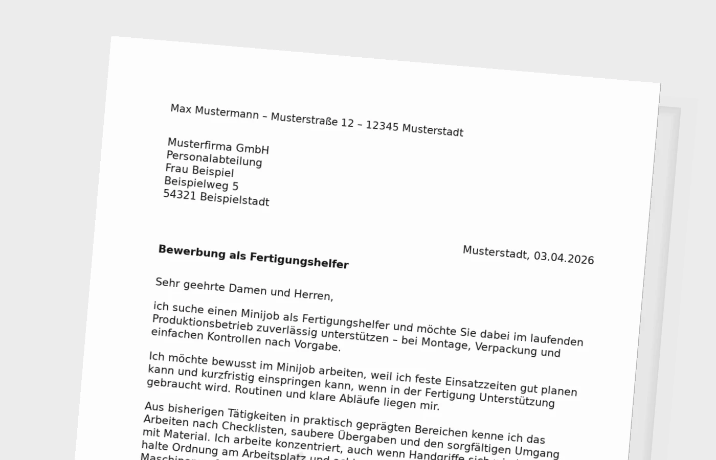 Anschreiben als Fertigungshelfer (Minijob): kurz, konkret, einsatzbereit