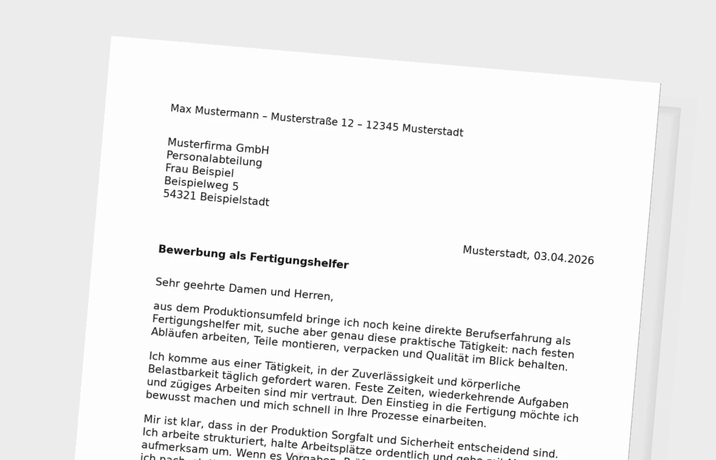 Anschreiben als Fertigungshelfer ohne Erfahrung