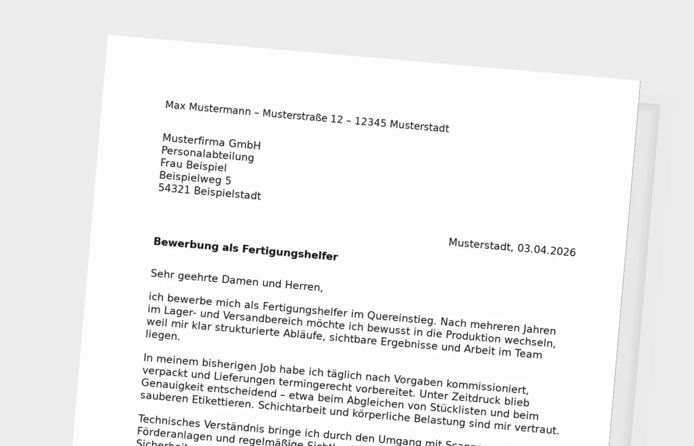 Bewerbungsanschreiben als Fertigungshelfer: Quereinstieg überzeugend formulieren