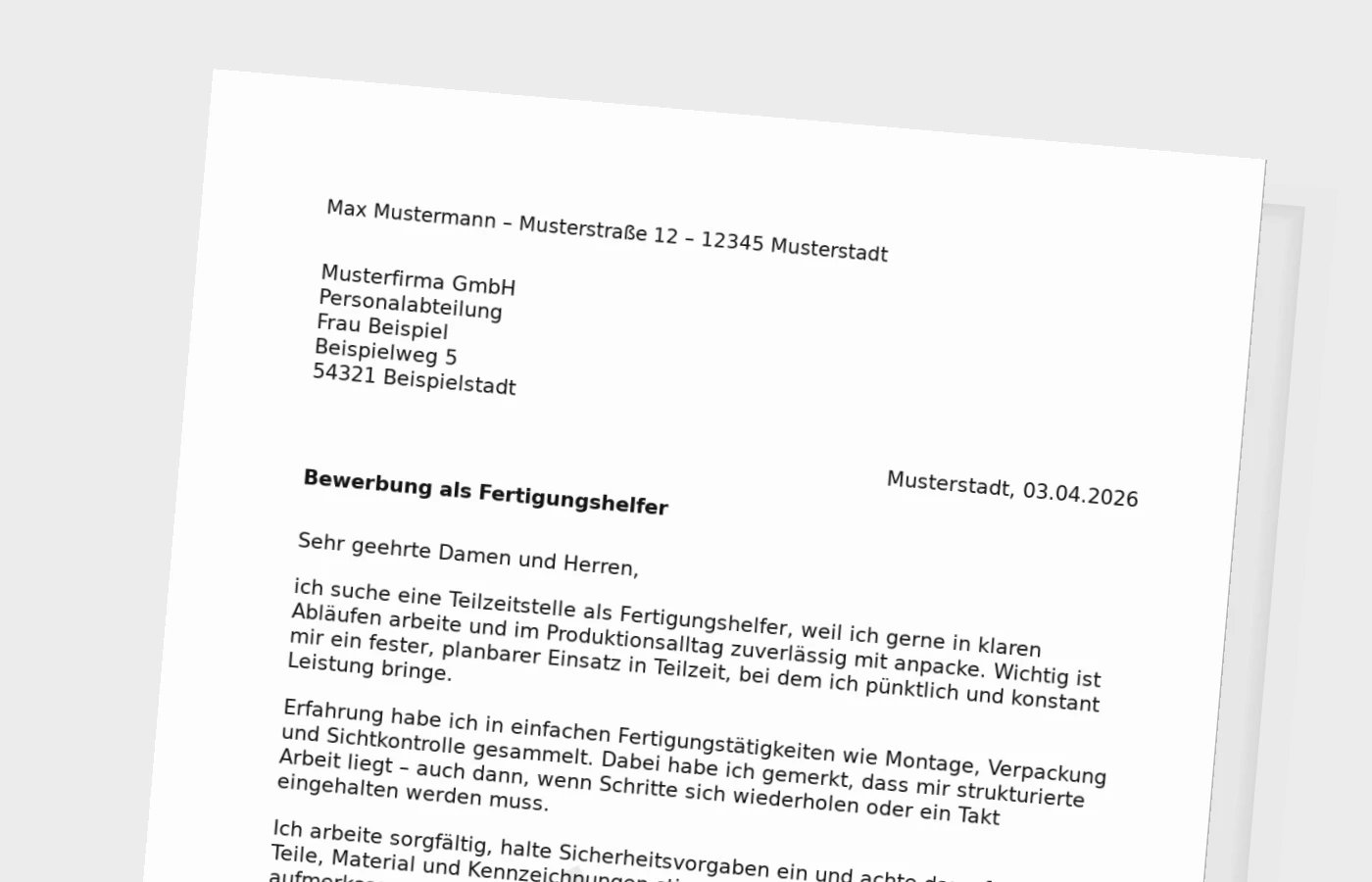Anschreiben als Fertigungshelfer in Teilzeit