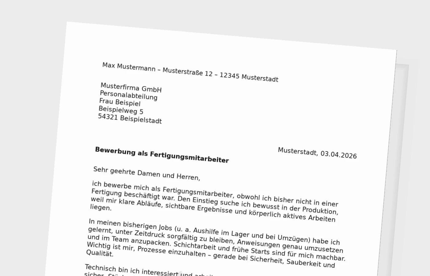 Anschreiben als Fertigungsmitarbeiter ohne Erfahrung
