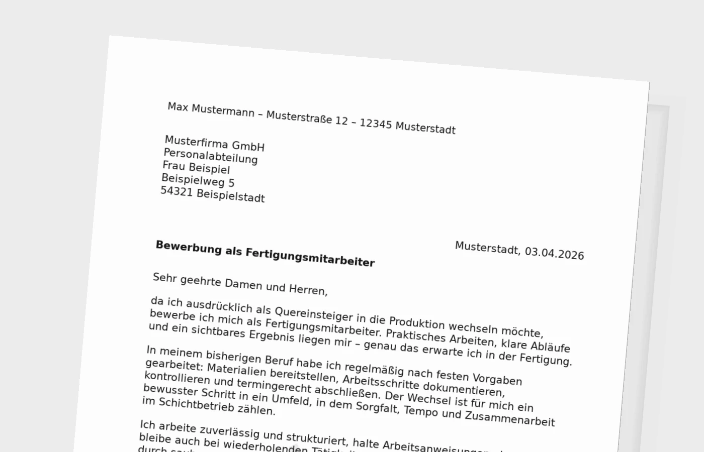 Anschreiben als Fertigungsmitarbeiter (Quereinstieg)