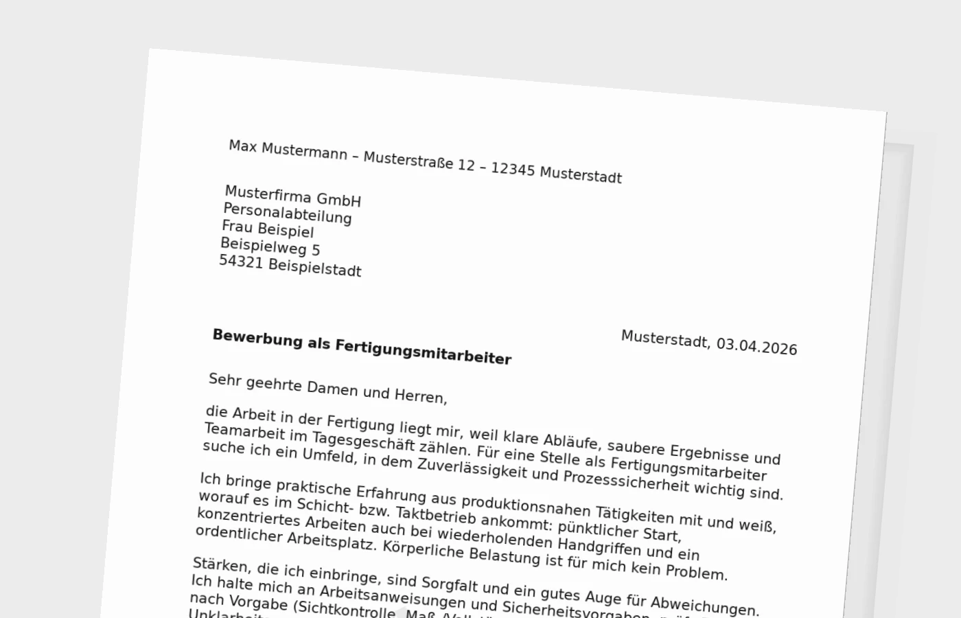 Anschreiben als Fertigungsmitarbeiter: Standard-Vorlage, die nach Produktion klingt