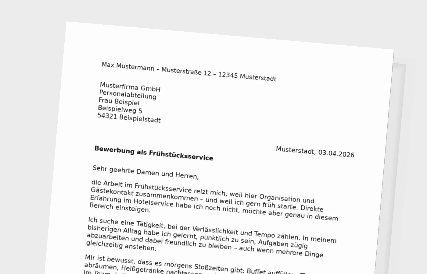 Anschreiben als Mitarbeiter Frühstücksservice – ohne Erfahrung
